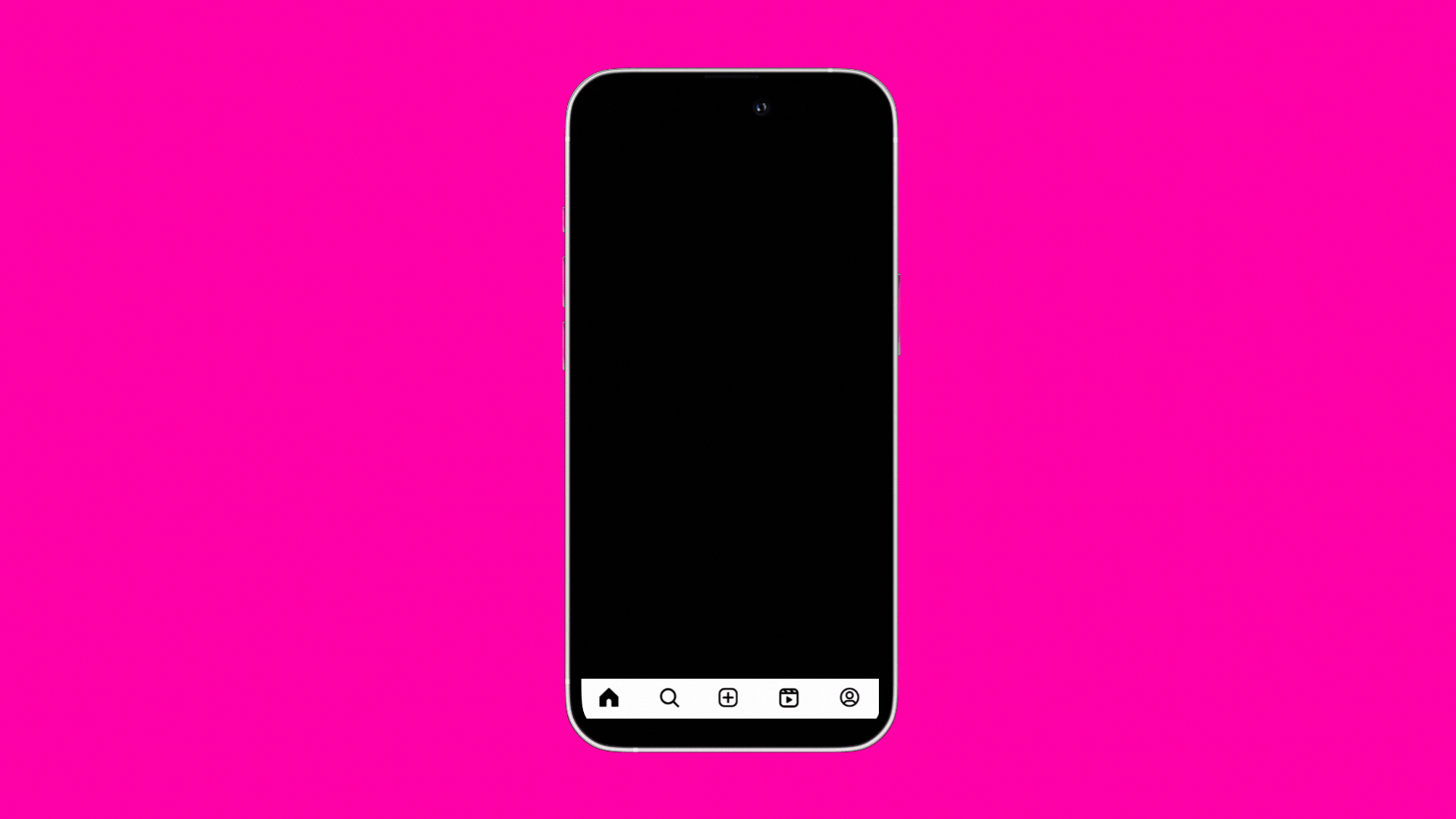 A smartphone featuring a blank black screen with a white navigation bar at the bottom on a bright pink background.