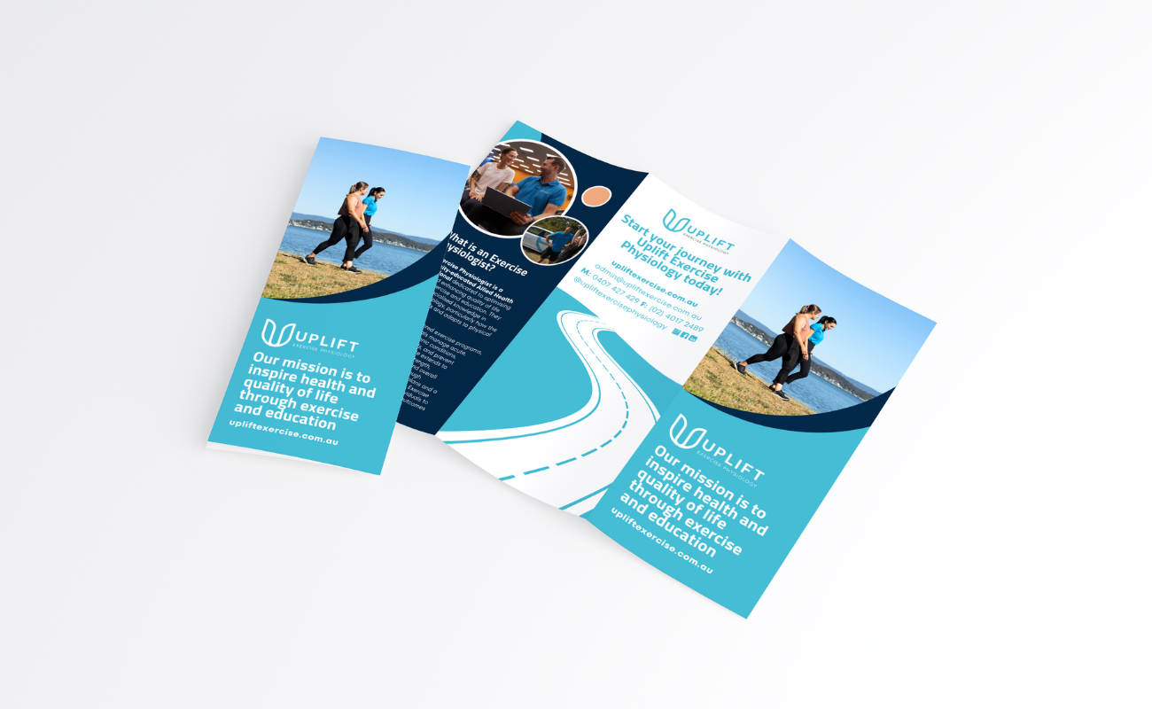 Tri-fold brochure for Uplift Exercise, featuring images of people exercising outdoors and a person working with a trainer, with blue and white design and the company's mission statement on health and education.