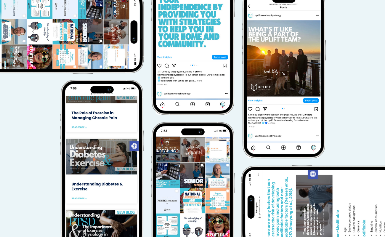 Collection of six smartphone screens displaying social media posts, blogs, and information related to health, exercise, and community engagement. The posts promote strategies for independence, managing chronic pain, understanding diabetes and PTSD, and highlight team activities.