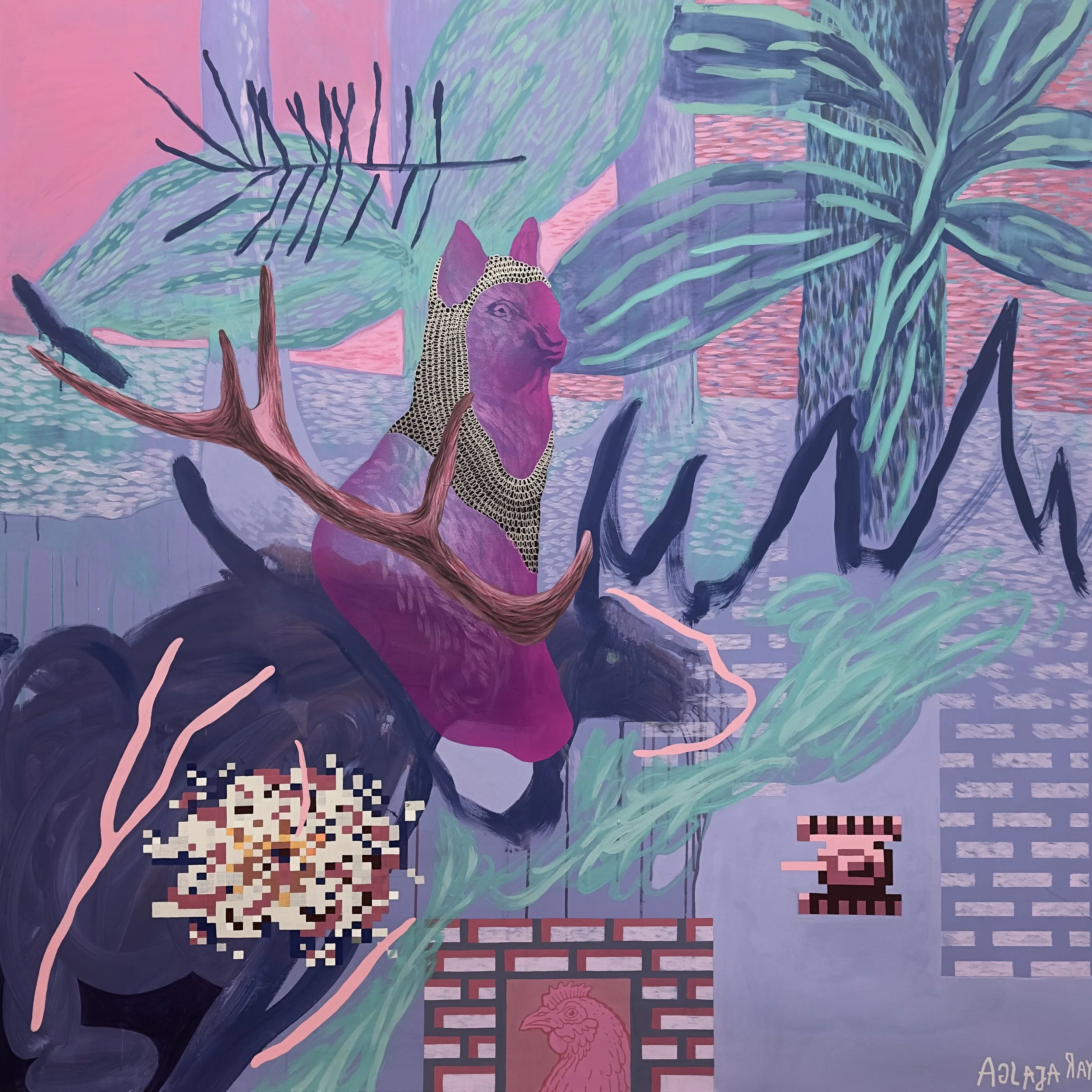 "Coexistence" by Aglaja Ray, contemporary mixed media painting exploring coexistence between nature, military presence, and everyday life in Lithuania.