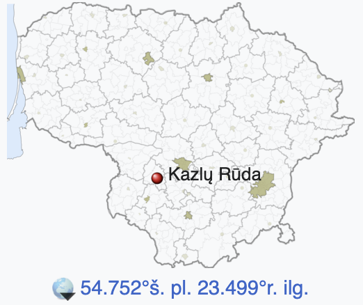 Map of Turkey highlighting the location of Kazlı Rüda with coordinates 54.752° N, 23.499° E.