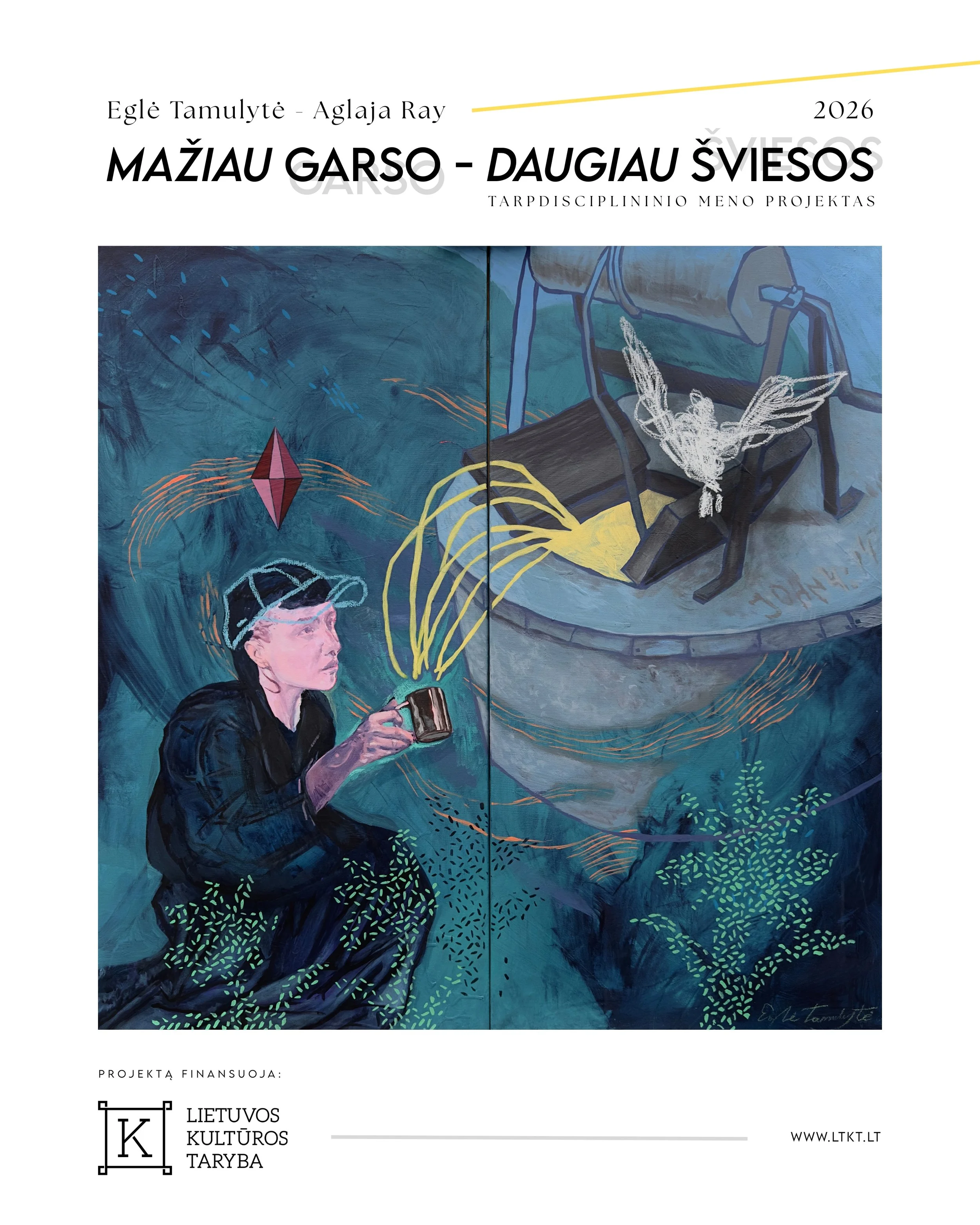 A woman is kneeling at the well and waiting for her cup to be filled. There she sees a dove. She is tired and she is waiting to be refreshed. It is a painting by lithuanian interdisciplinary artist Eglė Tamulytė - Aglaja Ray.