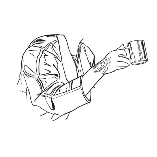 Outline drawing of a person holding a mug with their right hand, wearing a jacket with rolled-up sleeves and showing a tattoo on their forearm.