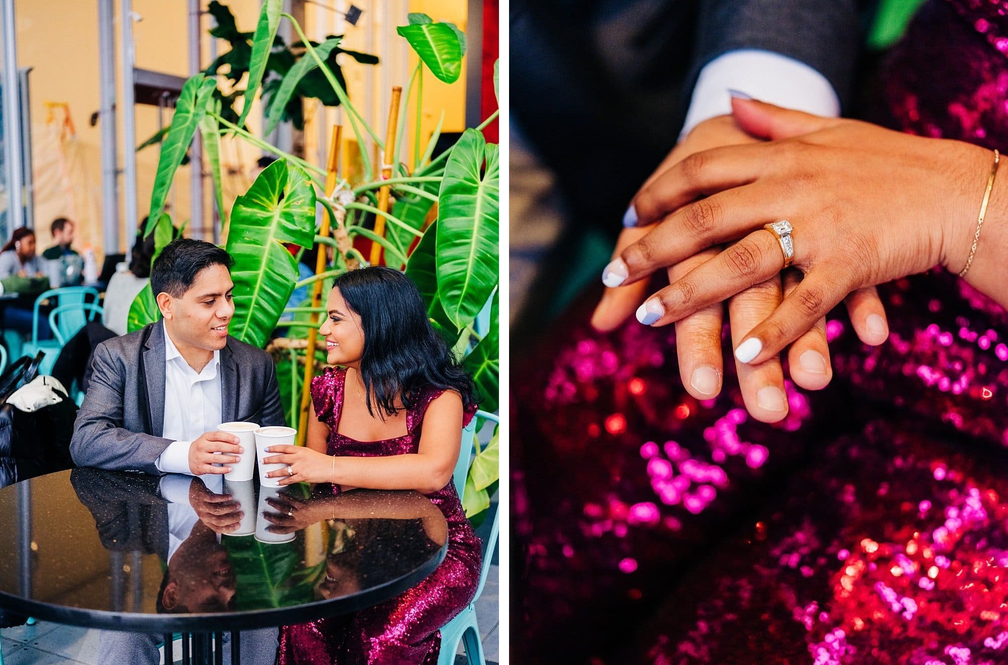 Close-up of engagement ring during dinner date at New York City engagement session