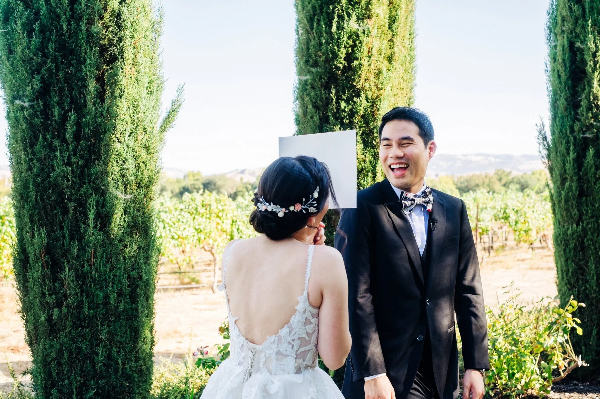 fun first look reaction with jar jar binks star wars prop palm event center pleasanton wedding