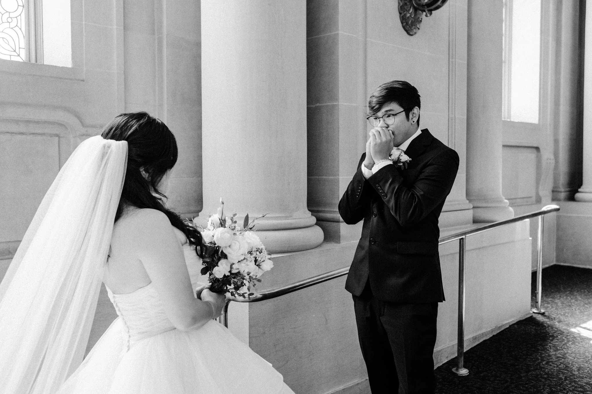 Groom’s emotional reaction during first look at San Francisco City Hall wedding