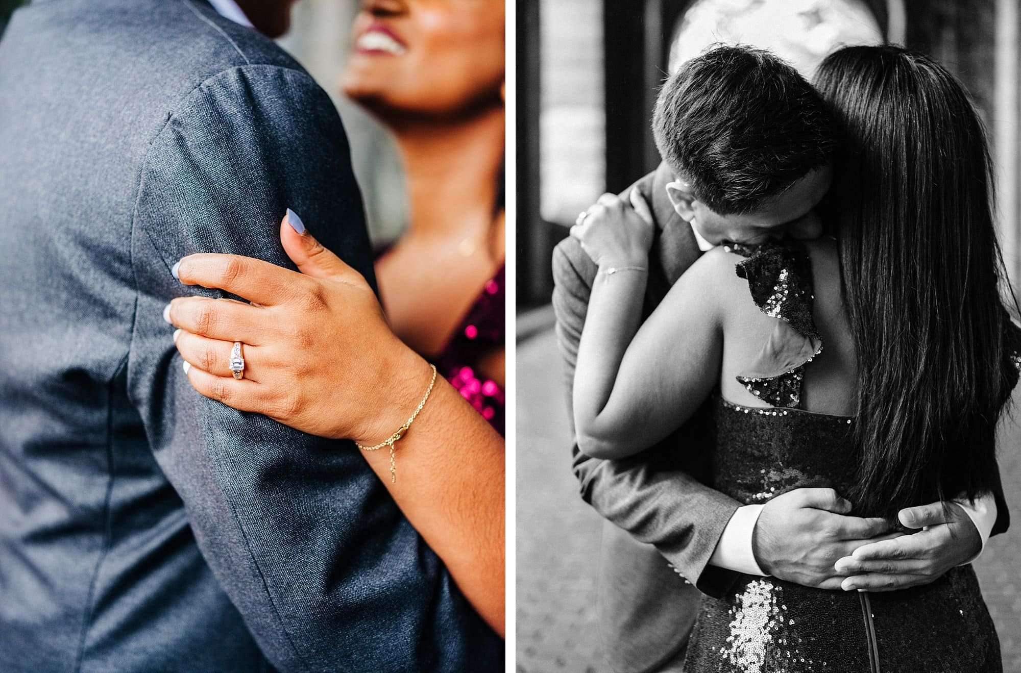 Romantic engagement portrait of couple embracing beneath stone arch at Fort Tryon Park in NYC