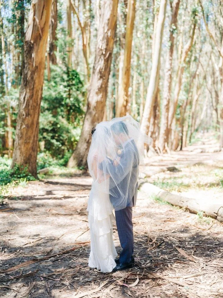 Bride and groom standing face to face beneath her veil during wedding portraits at Lover's Lane.