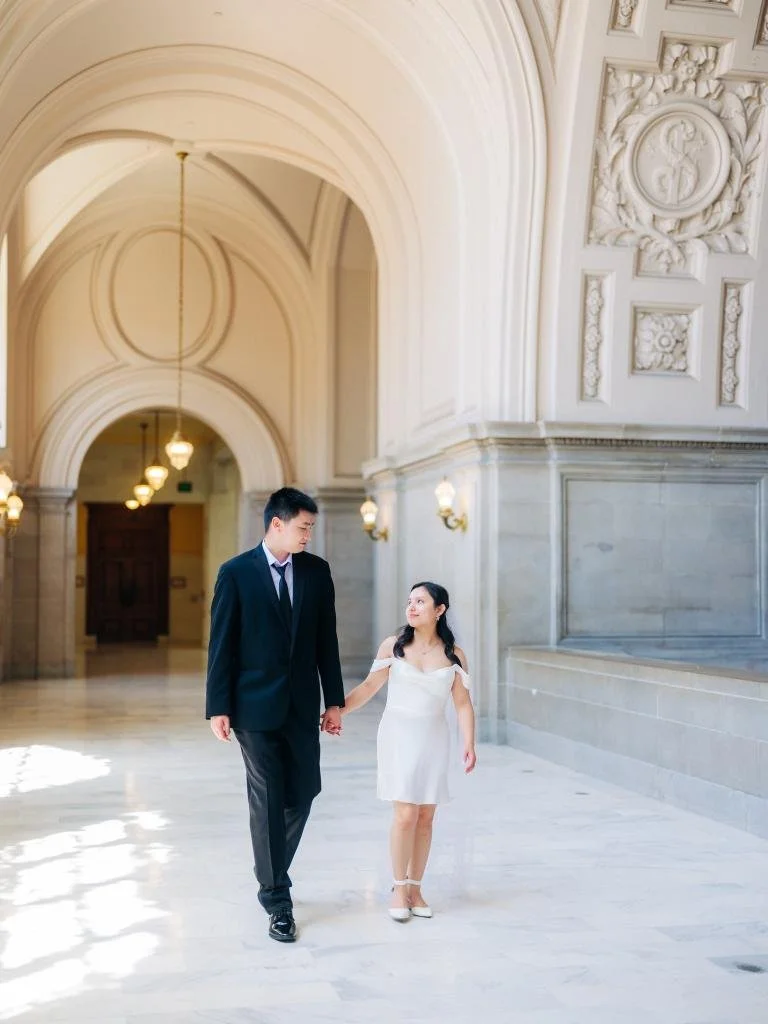 Bride and groom holding hands while walking through a hallway at San Francisco City Hall