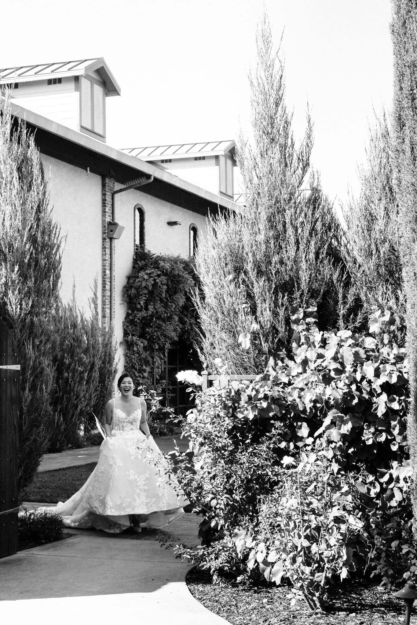bride before first look waiting outside palm event center pleasanton wedding