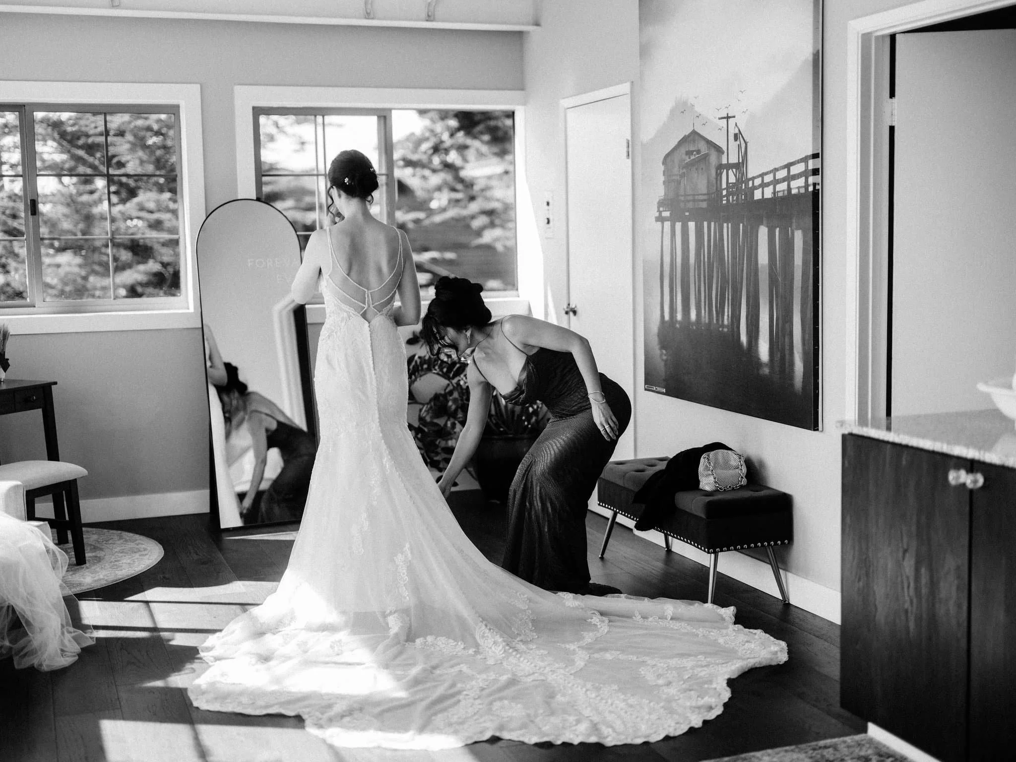 bride getting ready in mirror reflection palm event center wedding pleasanton ca