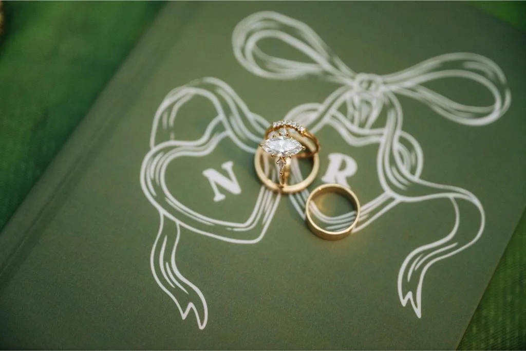 Nishi and Rohan’s wedding rings displayed on green paper with personalized heart details