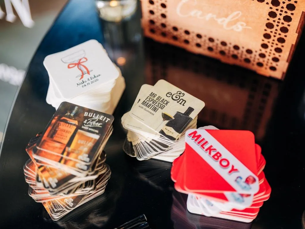 Custom drink coasters created for Nishi and Rohan’s wedding reception
