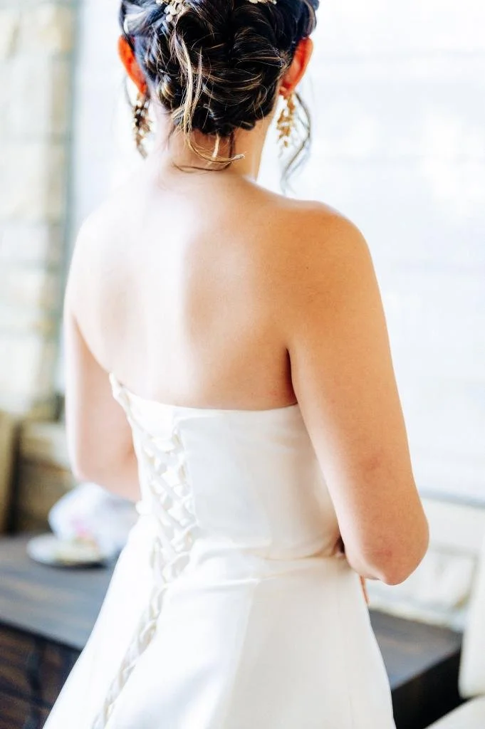 Close-up portrait of the bride in her wedding dress