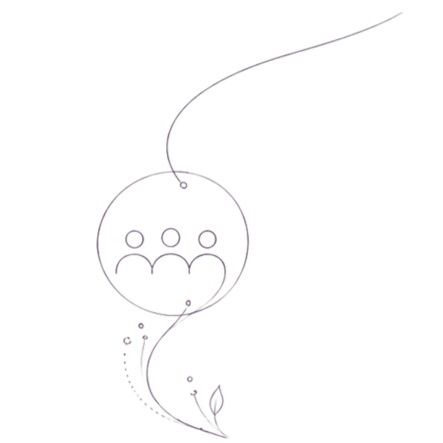 Minimalist line drawing of a plant with three leaves and small circles near the leaves, connected to a larger circle containing three human figures, representing community or social connection.