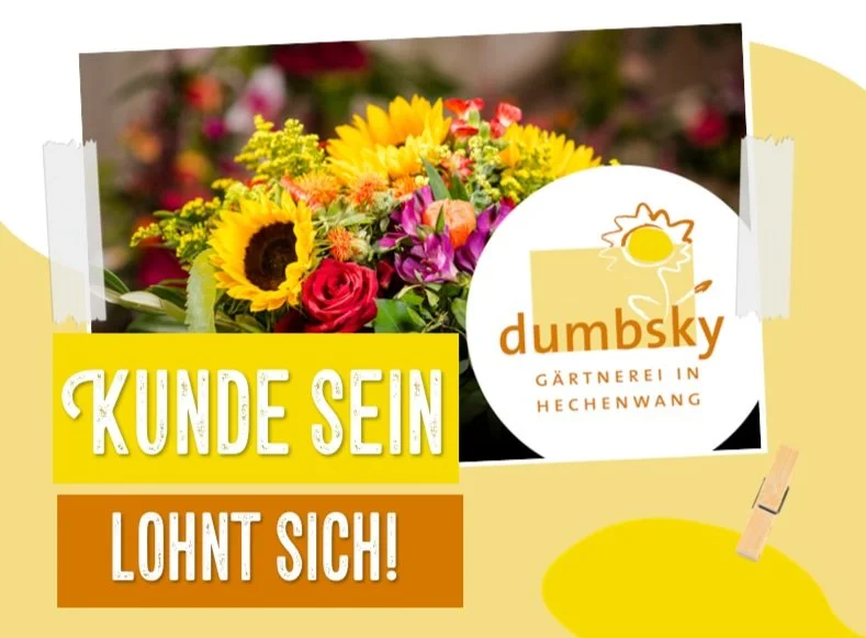 Kundenkarte der Gärtnerei Dumbsky in Hechenwang mit bunten Blumenstrauß und Vorteilen für Stammkunden