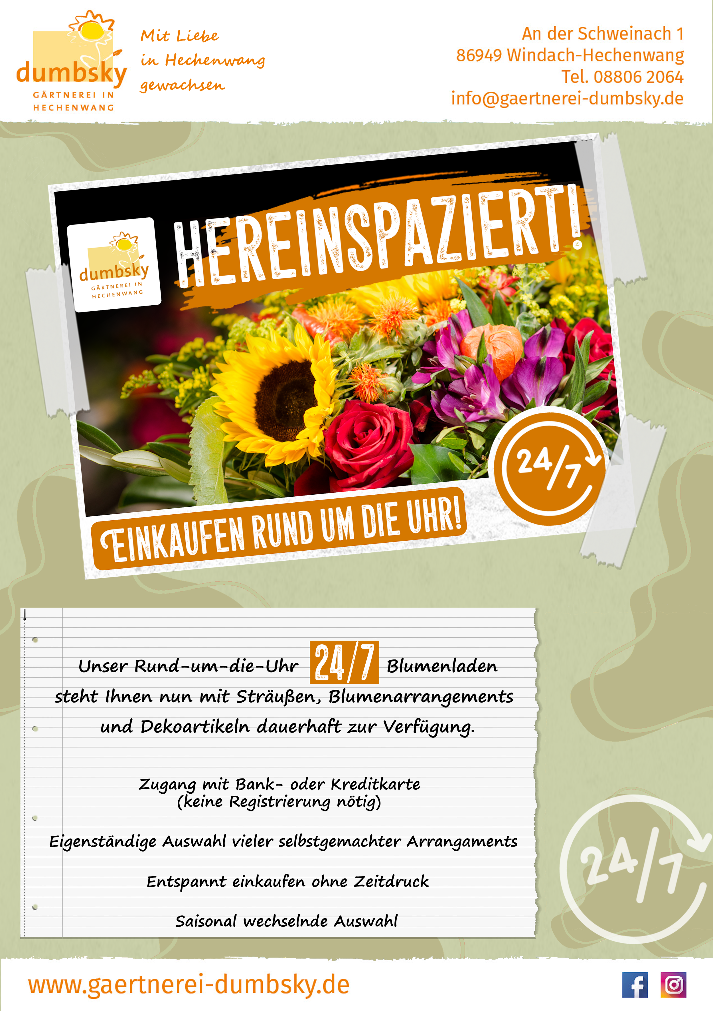 Infoblatt der Gärtnerei Dumbsky zum 24/7 Blumenladen in Hechenwang mit einem Strauß Sonnenblumen und Rosen sowie Details zum bargeldlosen Zugang