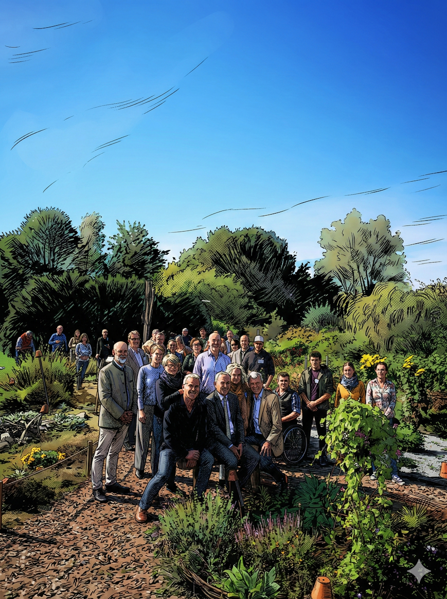 Gruppenbild bei der Verleihung des „Bayern blüht“-Zertifikats für Monis Insektengarten in der Gärtnerei Dumbsky in Windach-Hechenwang