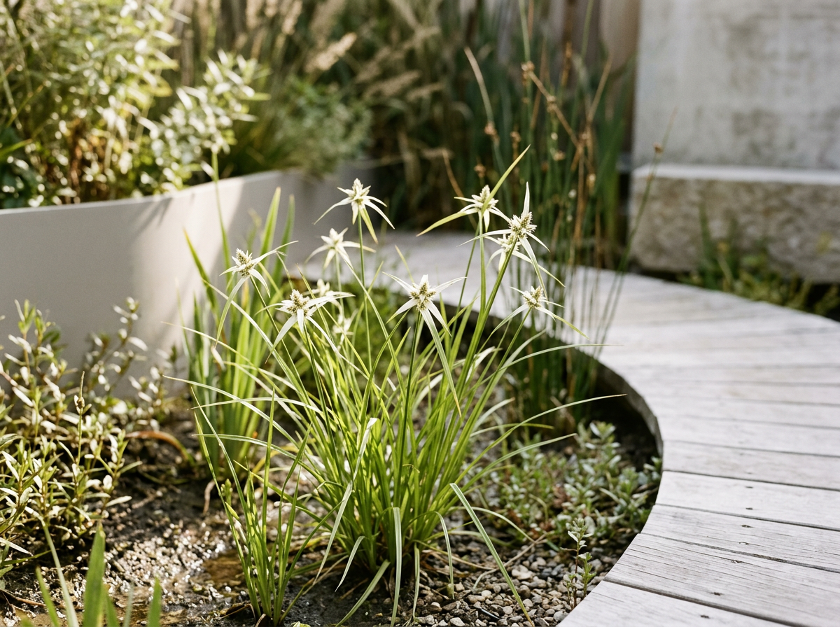 Sterntänzergras in einem Garten, mit weißen Blüten und grünen Blättern, umgeben von Kies und Holzweg.