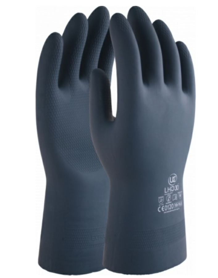 A pair of dark gray or black work gloves made of rubber or a similar waterproof material.