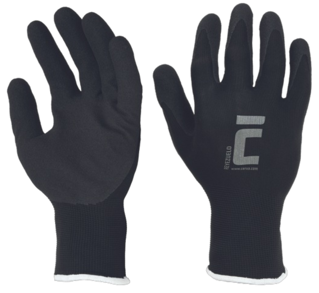 Pair of black work gloves with gray logo on the back of the right glove and textured palms.