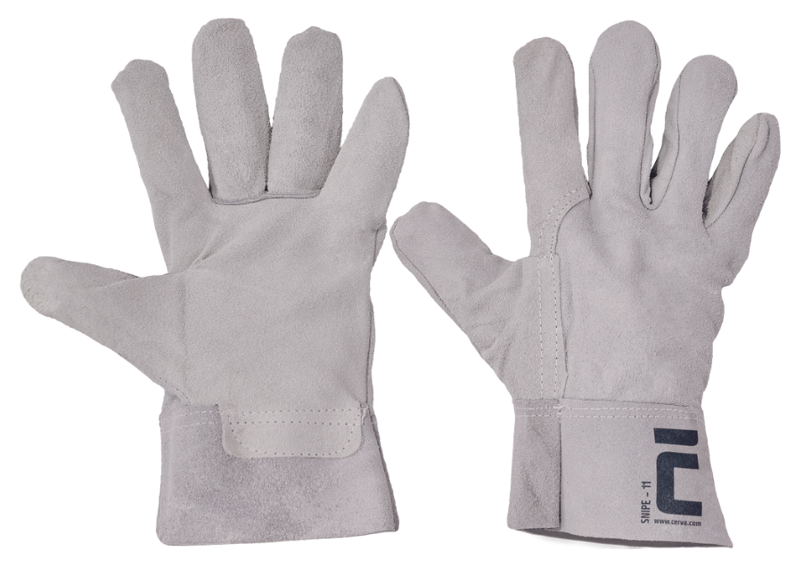 Pair of light gray work gloves made of a soft, durable material, with a logo and website printed on the wrist area.