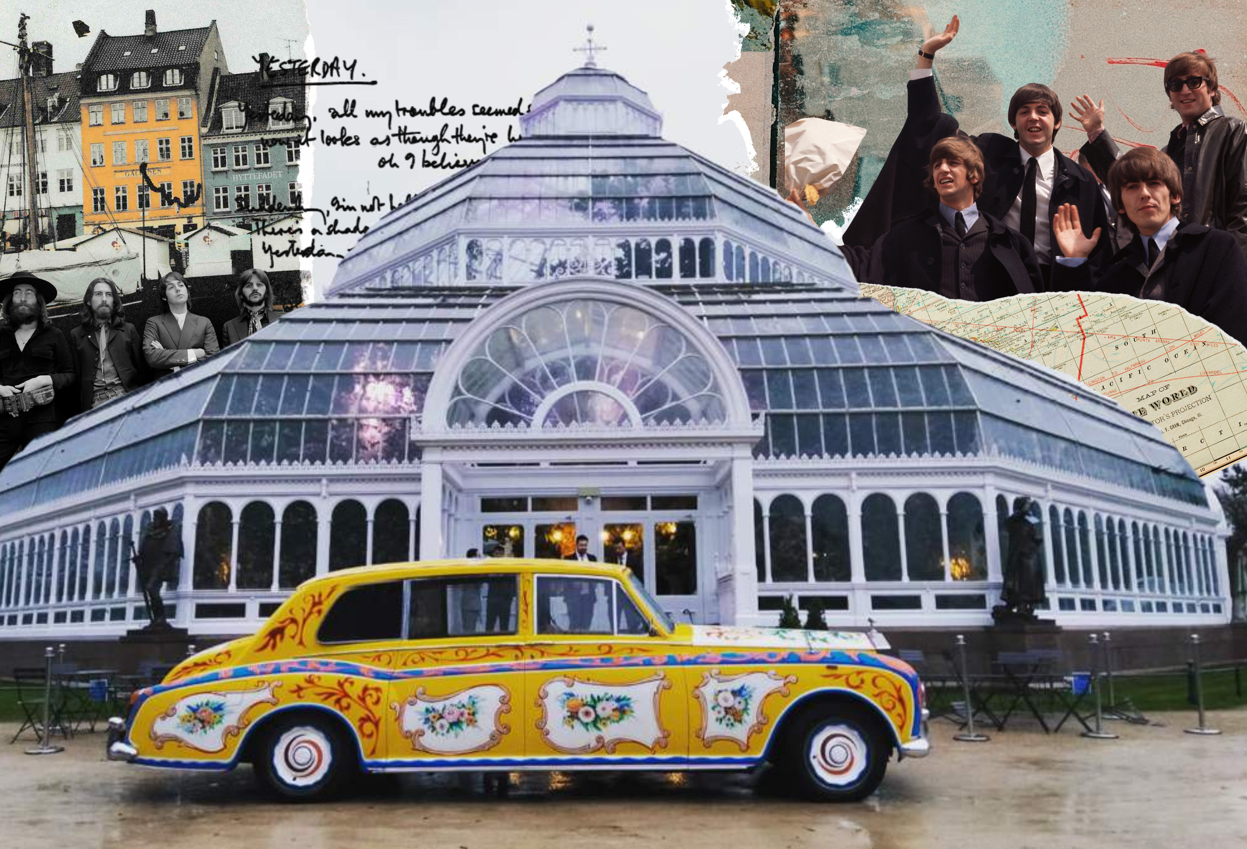 A collage featuring John Lennon's vintage car in front of the palm house, with The Beatles performing on stage, along with handwritten notes, a cityscape, a map, and a group of young people happily waving.