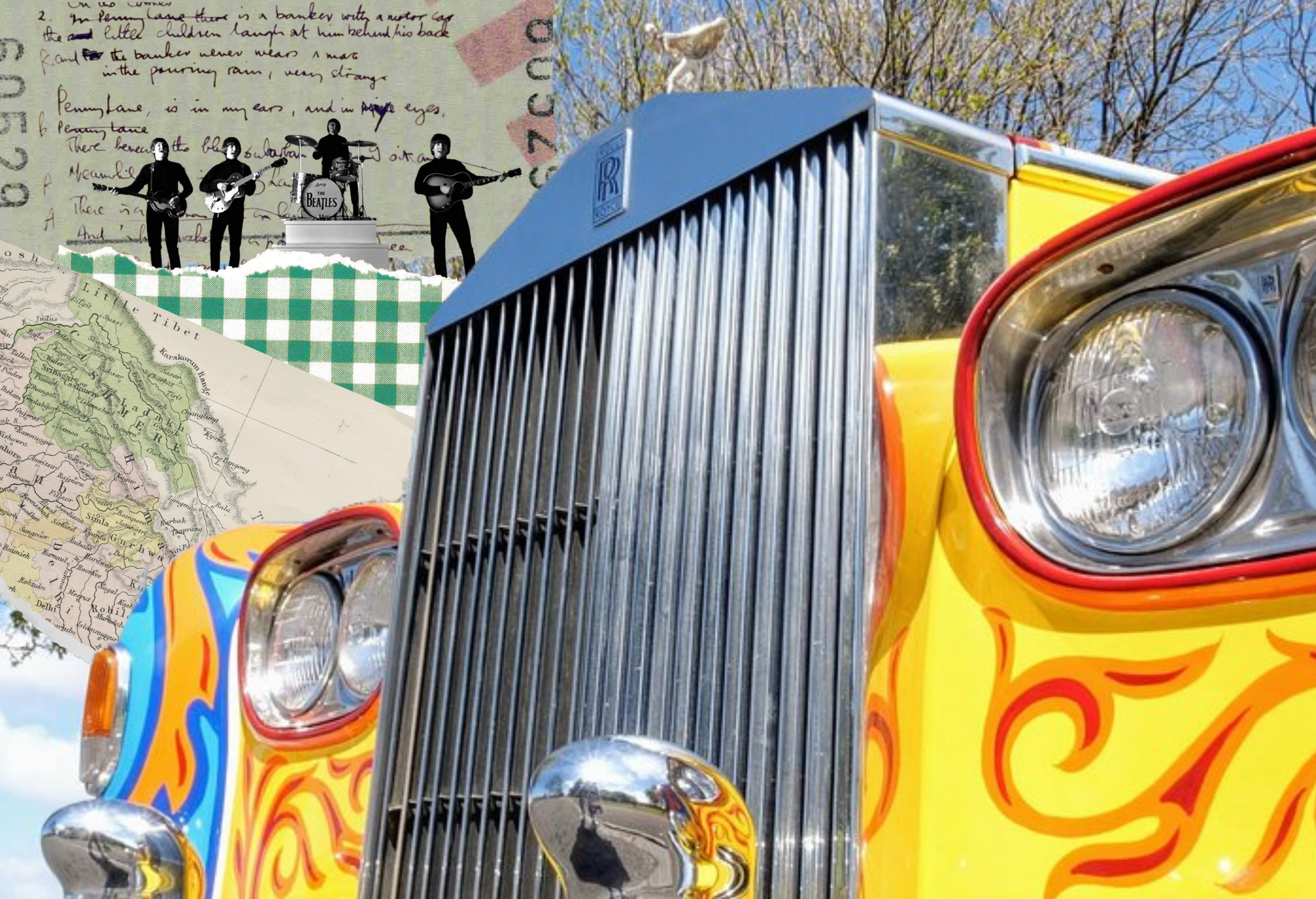 Close up of John Lennon's vintage car, showing the spirit of ecstasy. With lyrics from a Beatles song, Hey Jude