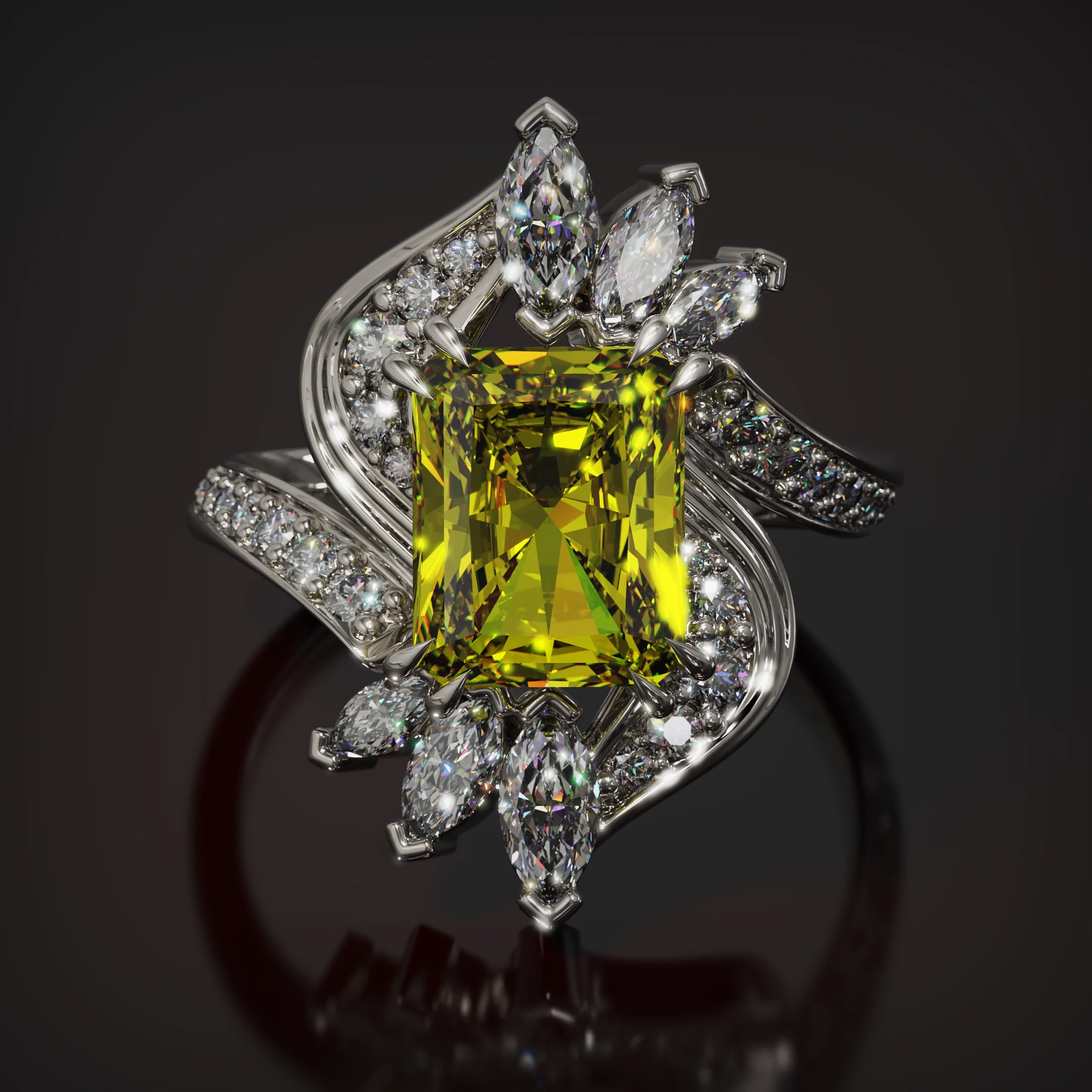 White gold ring featuring a Fancy Vivid Yellow diamond with marquise diamonds in a rising, flame-like design.