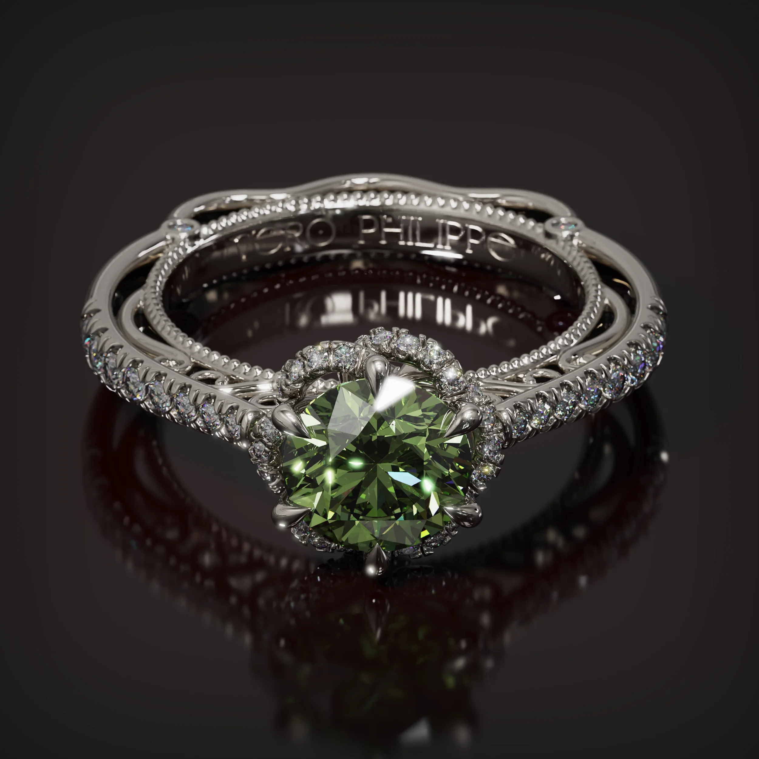 Platinum ring with a natural Chameleon diamond and delicate diamond accents, handcrafted by Vero Philippe.