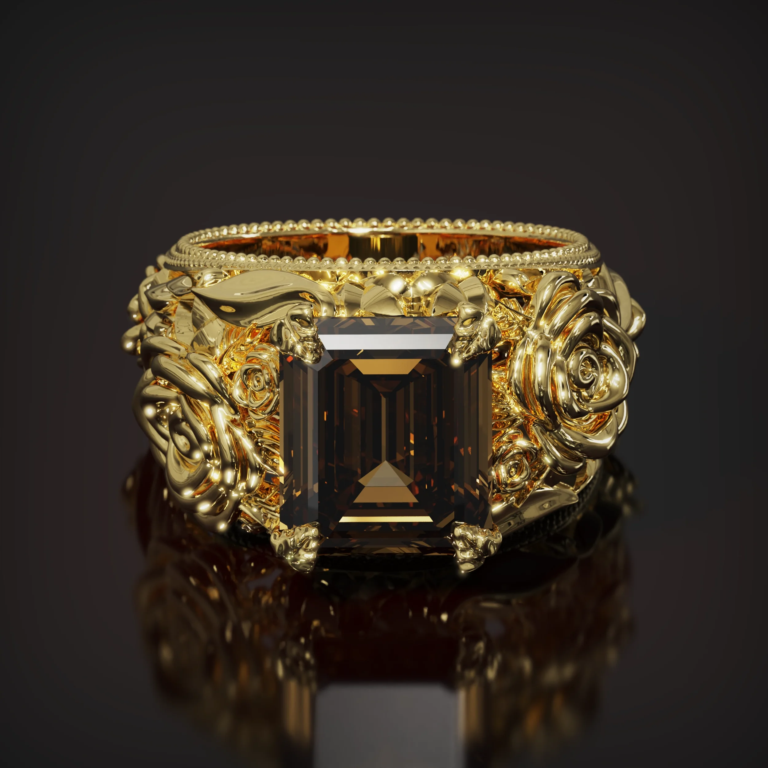 24k yellow gold ring with a Deep Brown diamond, sculpted with rose details and organic forms.