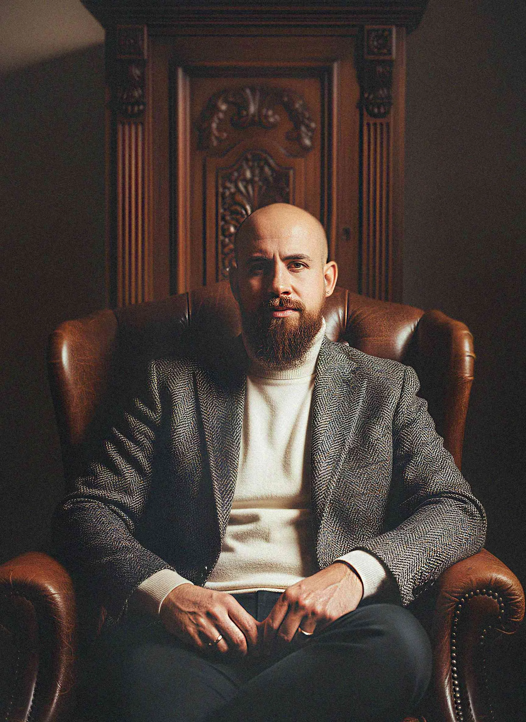 Portrait of the Vero Philippe designer and founder seated in a leather armchair, dressed elegantly in a blazer and turtleneck, in a refined, sophisticated setting.