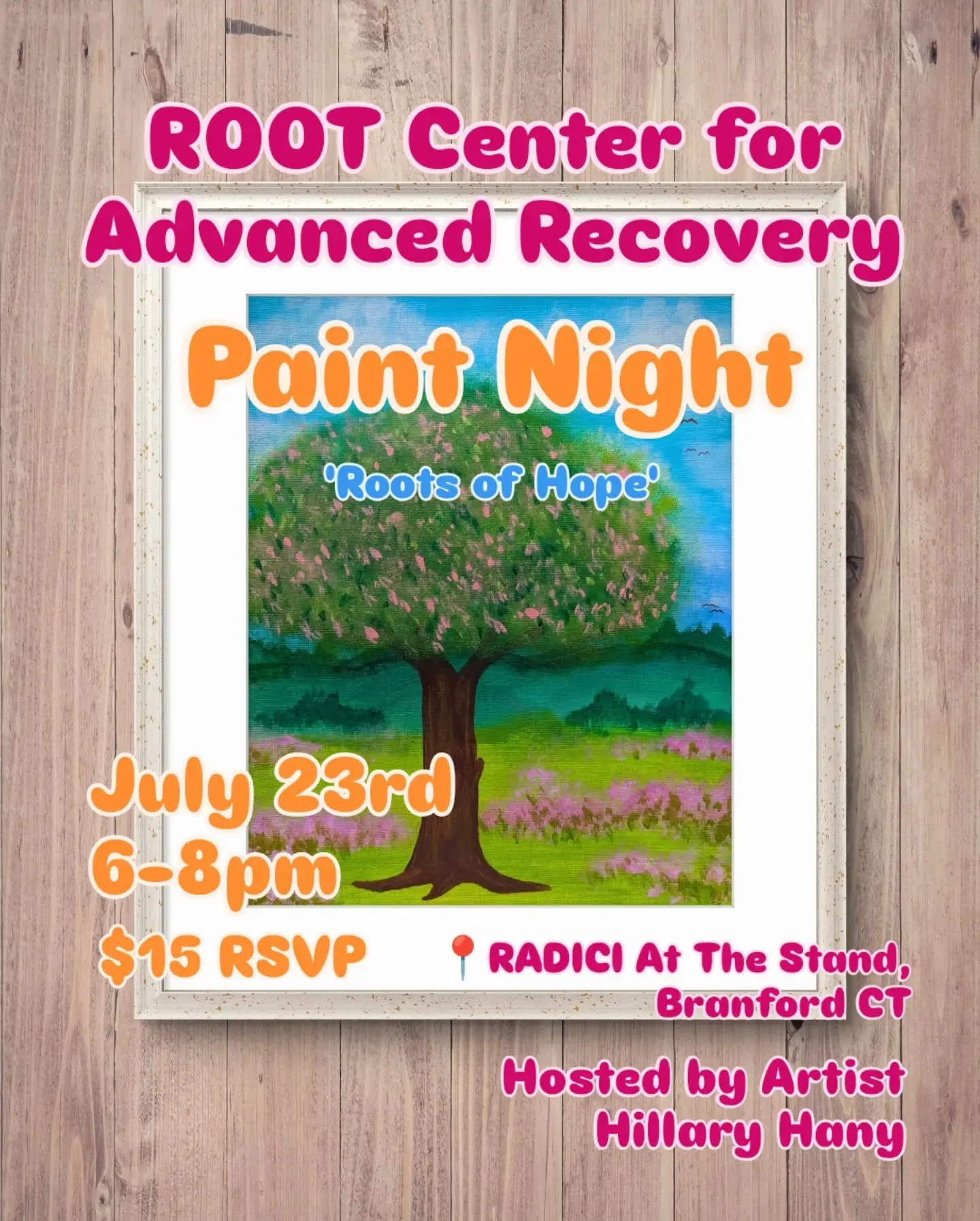 Come support @root_center by joining us for our community paint night! Hosted by yours truly, Hillary Hany.

We will be creating an art piece titled
'Roots of Hope' in honor of what ROOT Center for Advanced Recovery does for their community.

Food, r