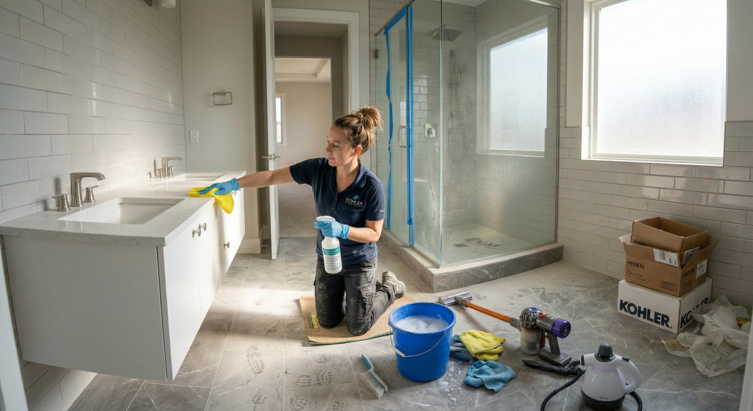 A woman cleaning a bathroom with multiple cleaning supplies around her, including a spray bottle, bucket, and sponges.