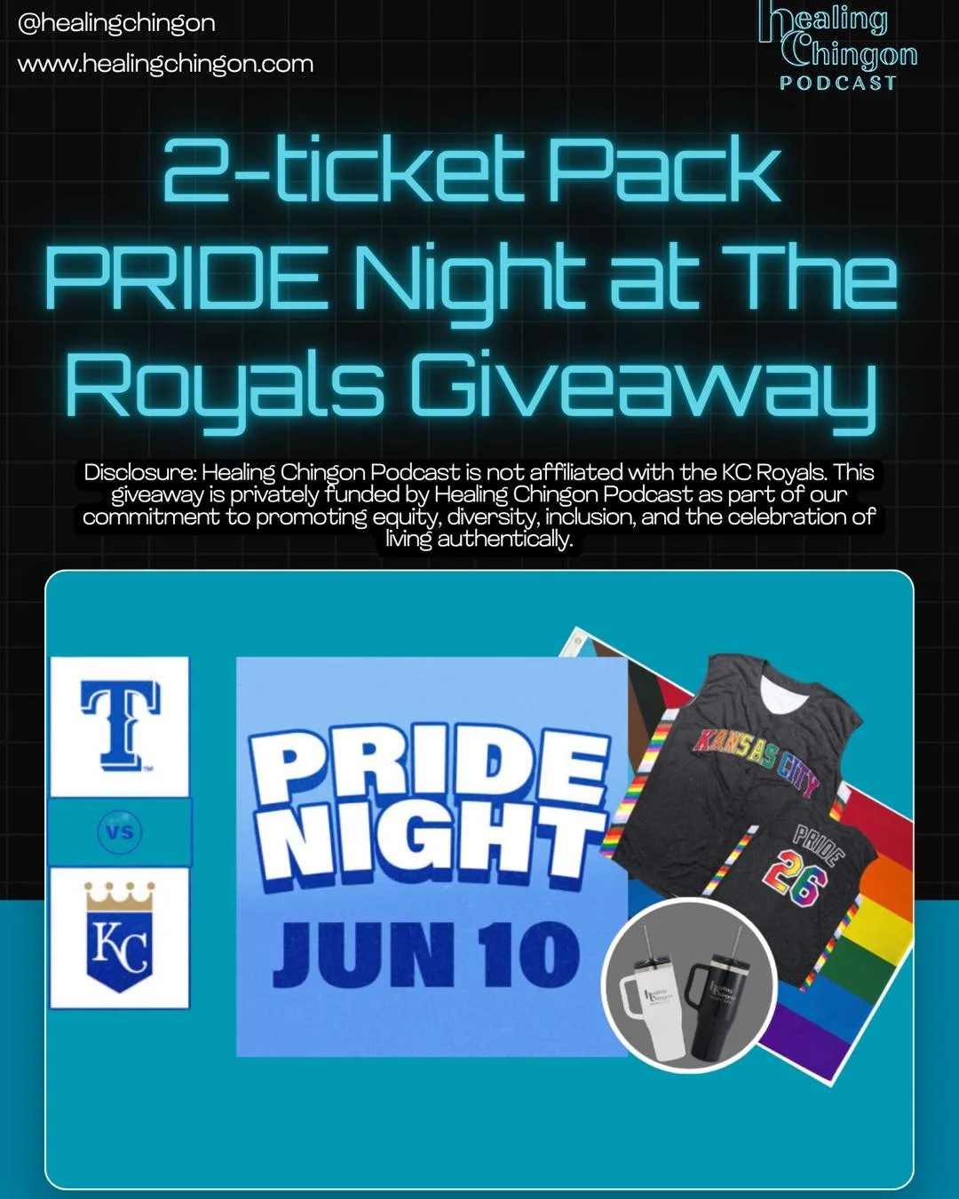 PRIDE Night at the KC Royals Giveaway!

Healing Chingon Podcast is giving away a 2-ticket pack to PRIDE Night at the KC Royals June 10th plus a pair of Healing Chingon tumblrs to celebrate Pride, authenticity, community, and living fully as yourself.