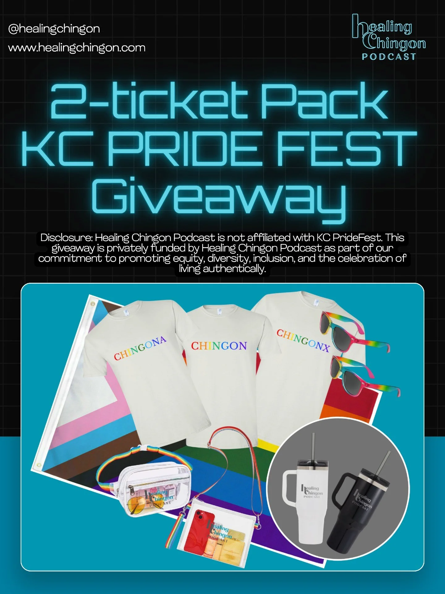KC Pride Fest Giveaway!

Healing Chingon Podcast is giving away a 2-ticket pack to KC Pride Fest plus some Healing Chingon merch to celebrate Pride, authenticity, community, and living fully as yourself.

To enter:
Follow Healing Chingon Podcast on a