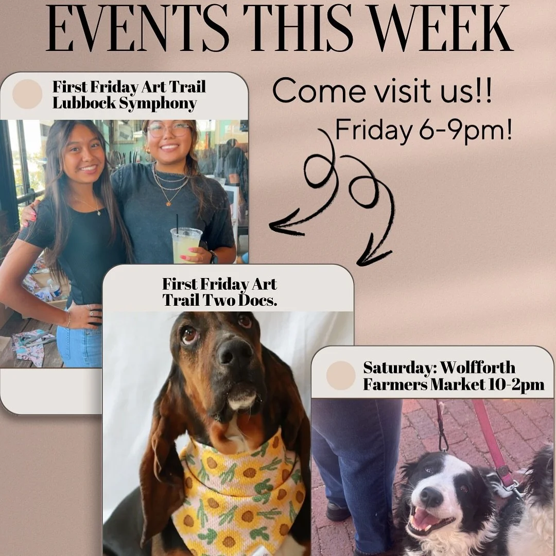 ✨🐾 Come see us this weekend! 🐾✨

📍 Friday Night:
We&rsquo;ll be at the First Friday Art Trail 🎨
	&bull;	Lubbock Symphony 6&ndash;9pm
	&bull;	Two Docs Brewing Co. 6&ndash;9pm

📍 Saturday:
Catch us at the Wolfforth Farmers Market 🌻
⏰ 10am&ndash;2