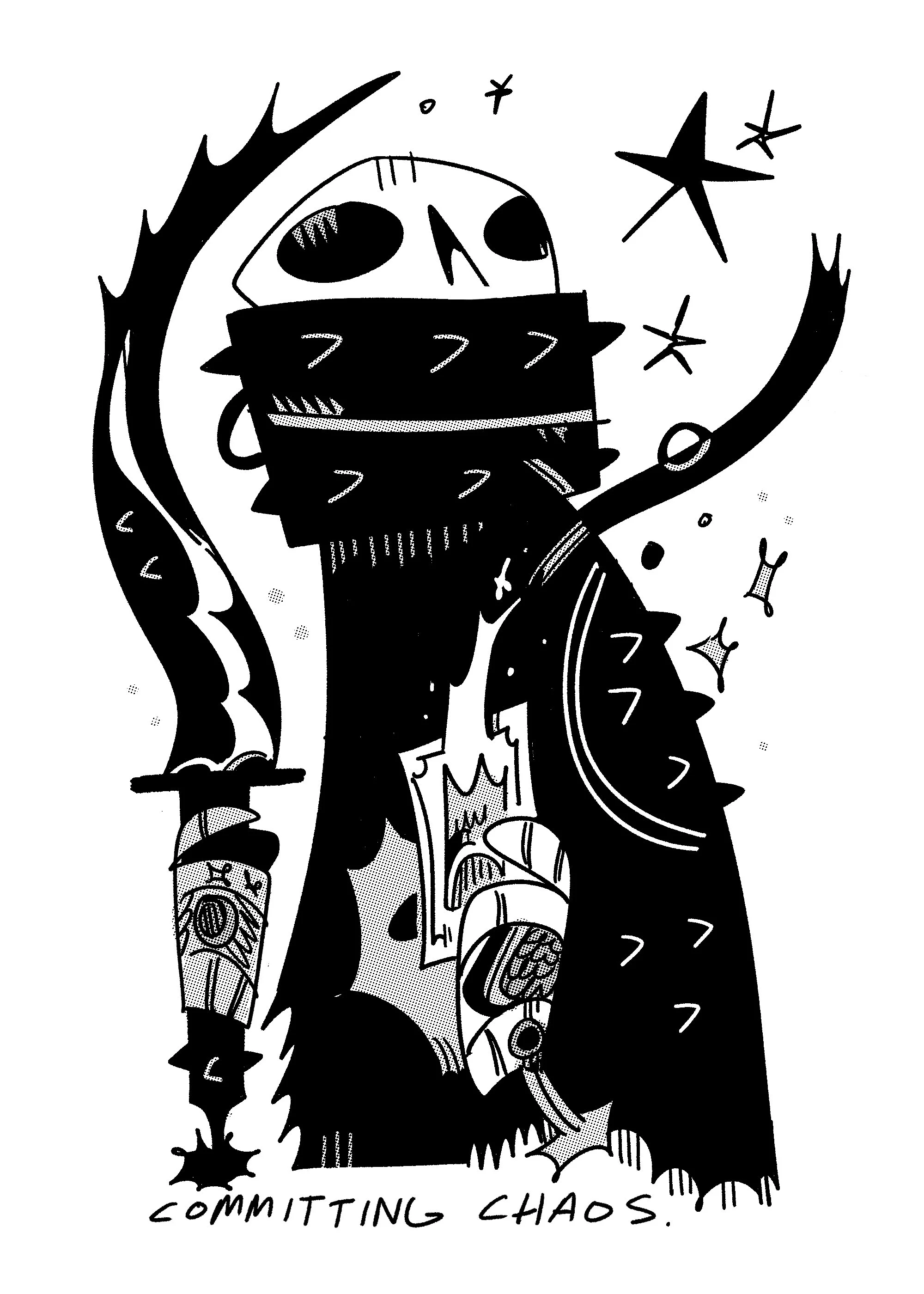 A skeleton with a smoking card of unknown magic and a wicked looking dagger. Art by Marie Enger