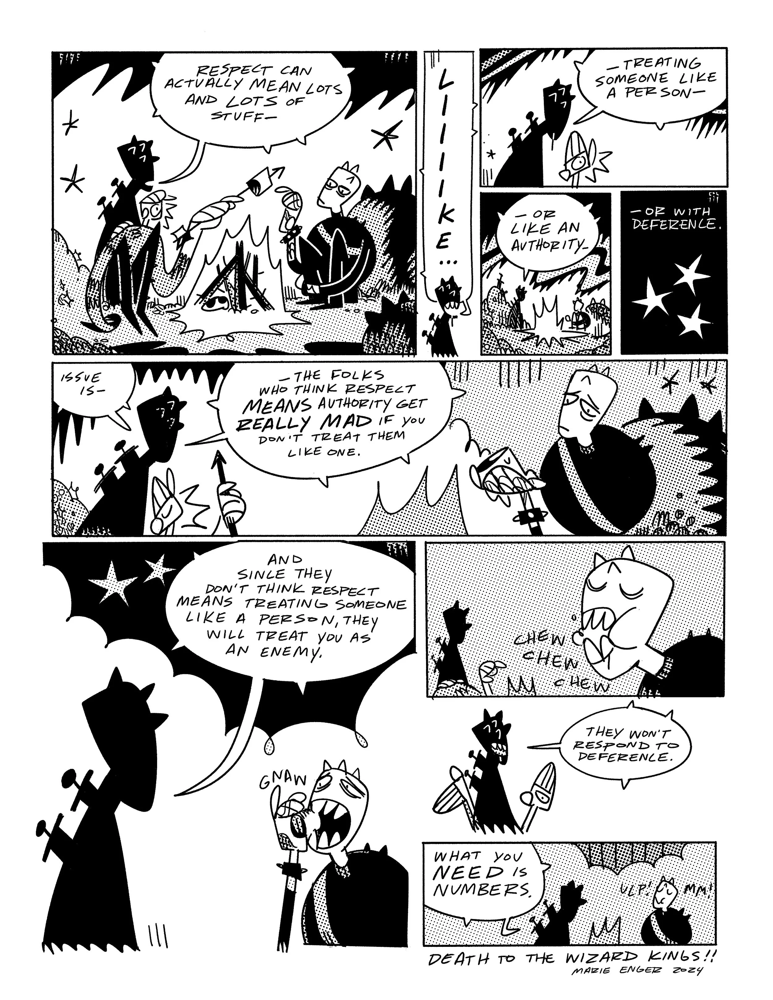 An illustration from Death To The Wizard Kings where Pit Pit talks to Rat Pit about the different kinds of respect, and how authoritaran-minded people abuse the notion.