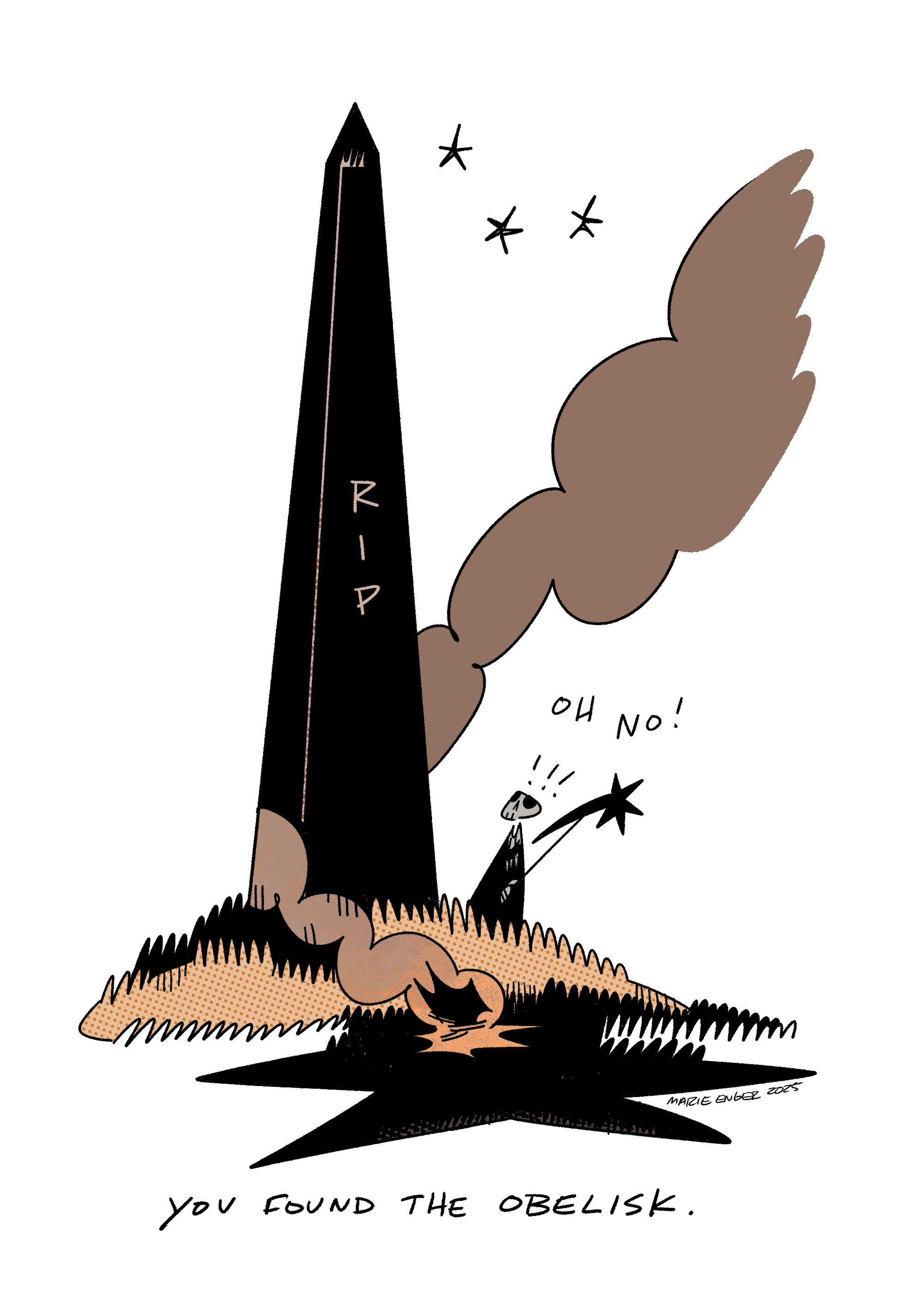 A skeleton in the shadow of a looming obelisk thinking, "oh no!" Art by Marie Enger