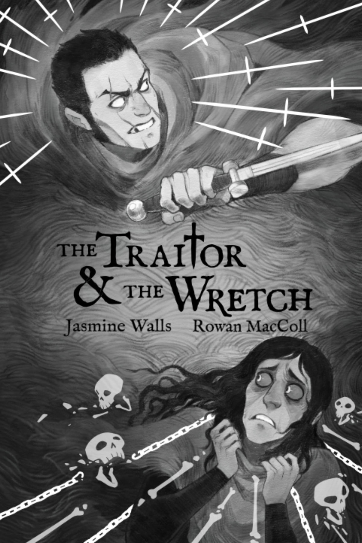 Front cover art for The Traitor & The Wretch by Amy Phillips. Two men run from their problems, one surrounded by stylized daggers, the other being dragged down by chains and decaying skeletons.