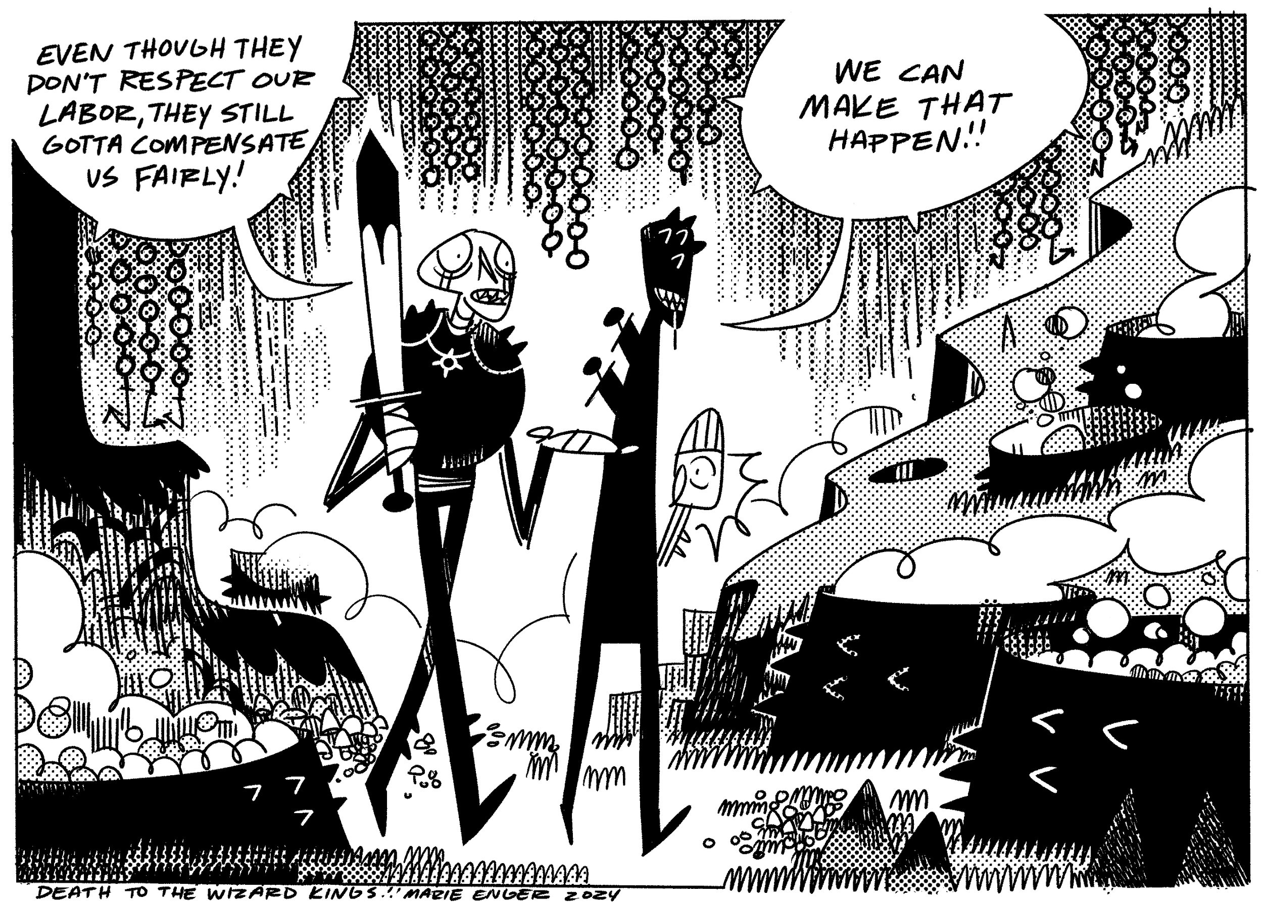 An illustration from Death To The Wizard Kings, by marie Enger: Pit pit and hate pit walk through the bongcano - hate pit says even though they don’t respect our labor they still gotta compensate us fairly! We can make that happen! Replies pit pit