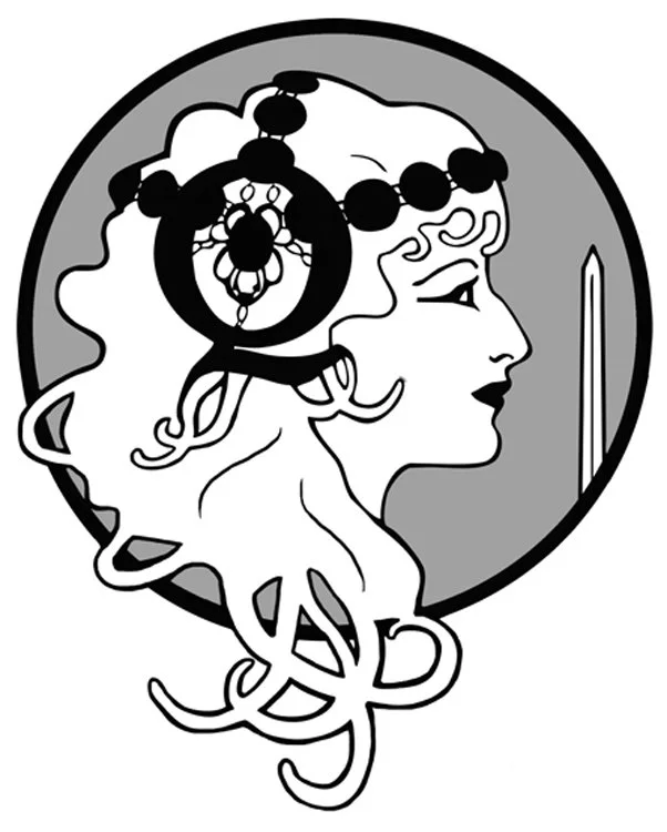 Black and white illustrated icon of a woman with long hair and hair ornaments holding a sword within a circle,for Queen of Swords press