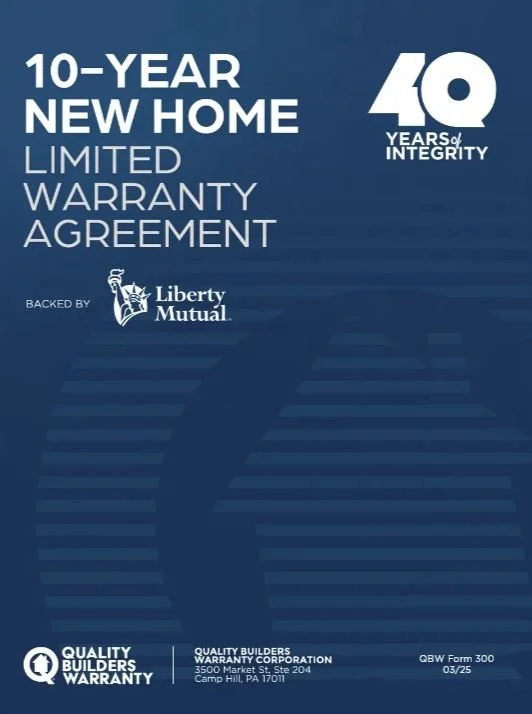 Document advertising a 10-year new home limited warranty agreement backed by Liberty Mutual, celebrating 40 years of integrity, issued by Quality Builders Warranty Corporation.