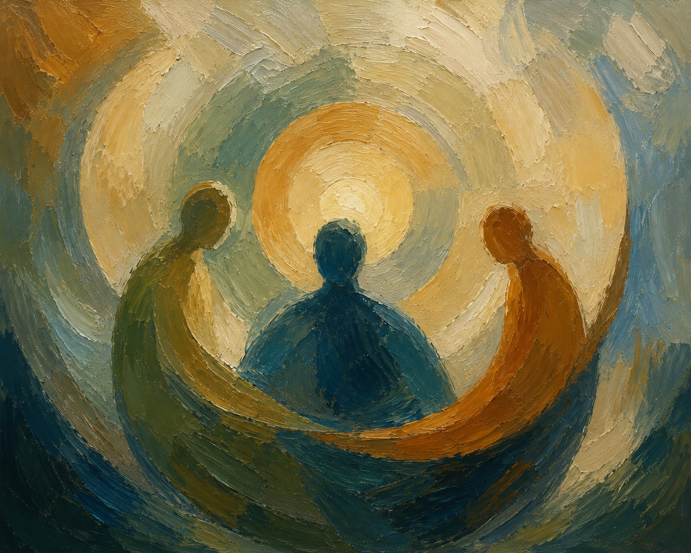 An abstract painting depicting three figures in a circular formation with a bright, glowing sun or light source in the background, using textured brushstrokes and warm, earthy colors.