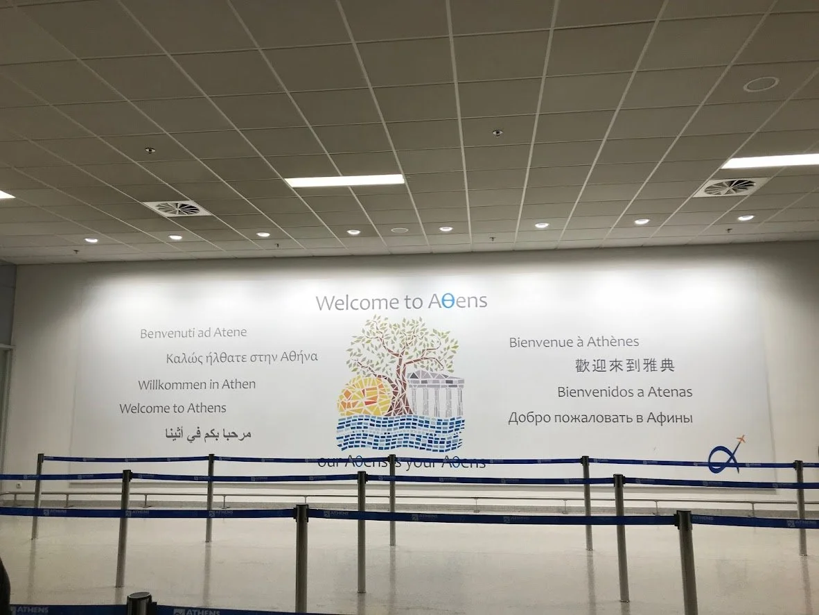 Athens Airport Welcome sign