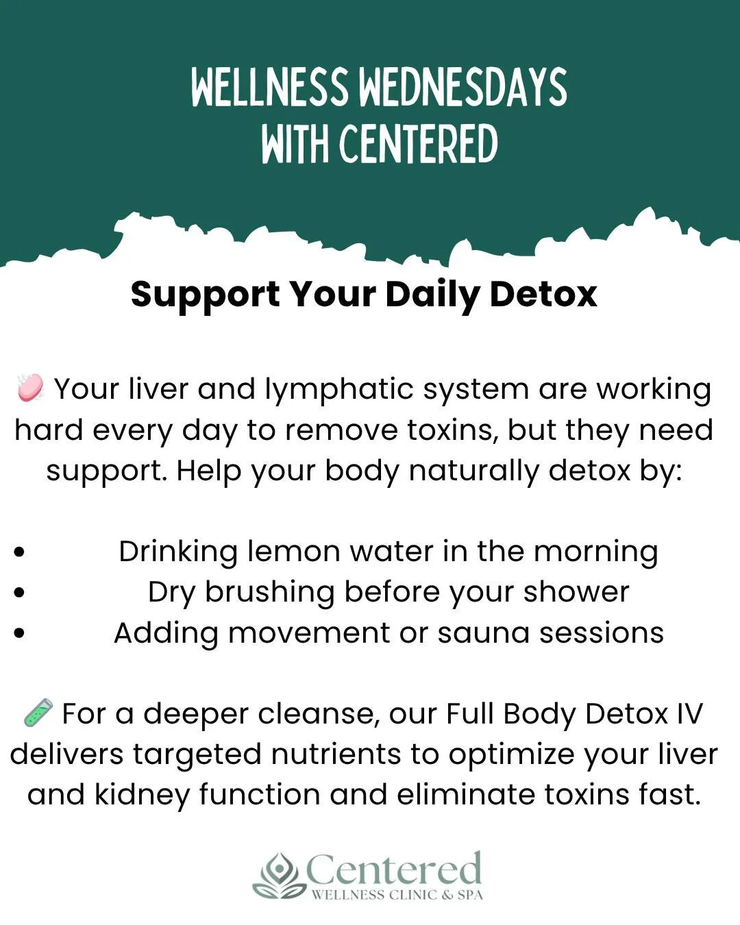 Wellness Wednesdays: support Daily Detox

Your liver and lymphatic system are working hard every day to remove toxins, but they need support. Help your body naturally 

#wellness #health #selfcare #wellnesswed #wellnessWednesdays #detox #detoxIV