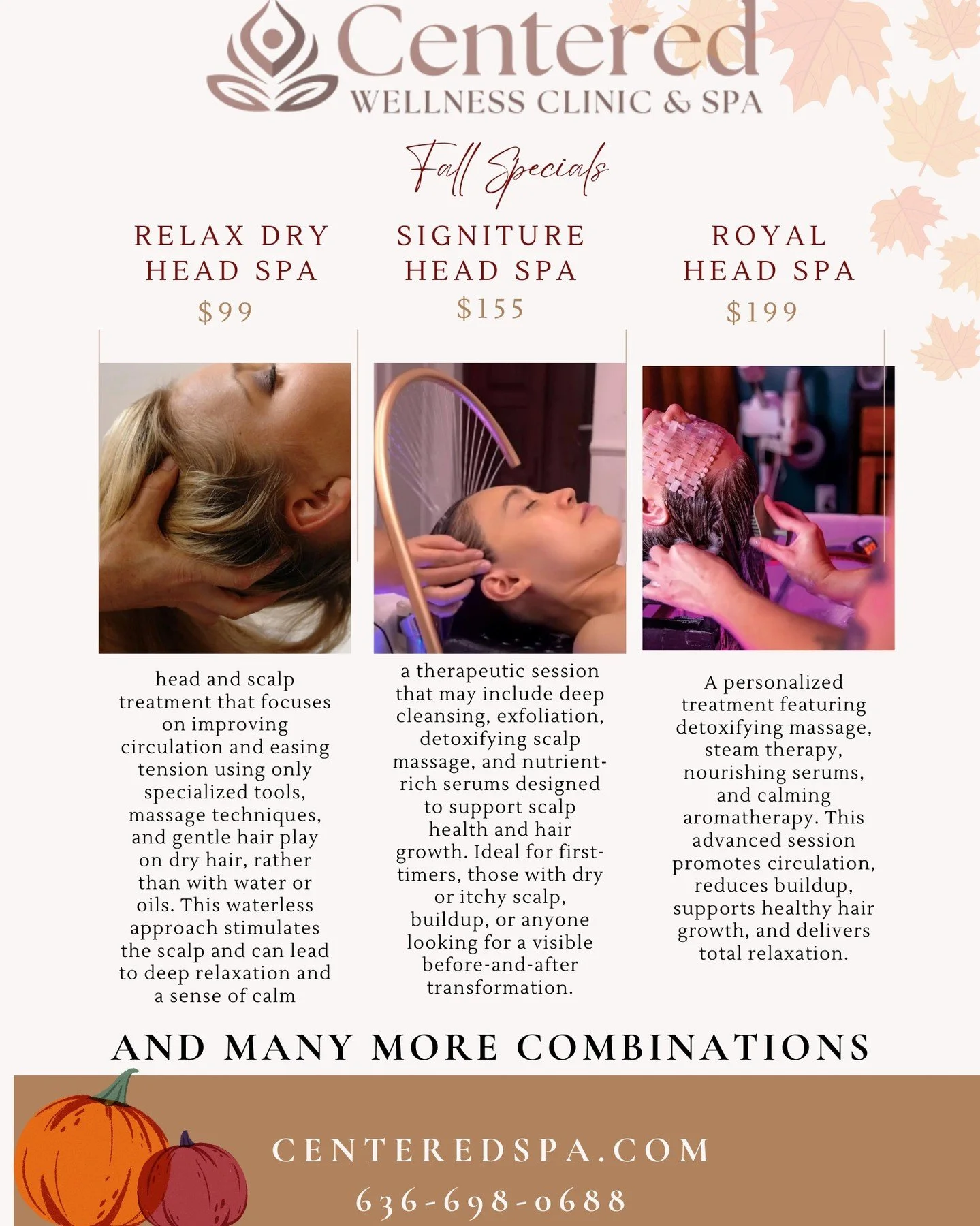 cozy fall vibes + scalp nirvana incoming 🍁✨

🍂 Fall Head Spa Specials at Centered 🍂
Unwind, de-stress, and revive your scalp + strands&mdash;limited spots this season!

🧘 Relax Dry Head Spa &mdash; $99
Deep scalp relaxation + tension melt. No was