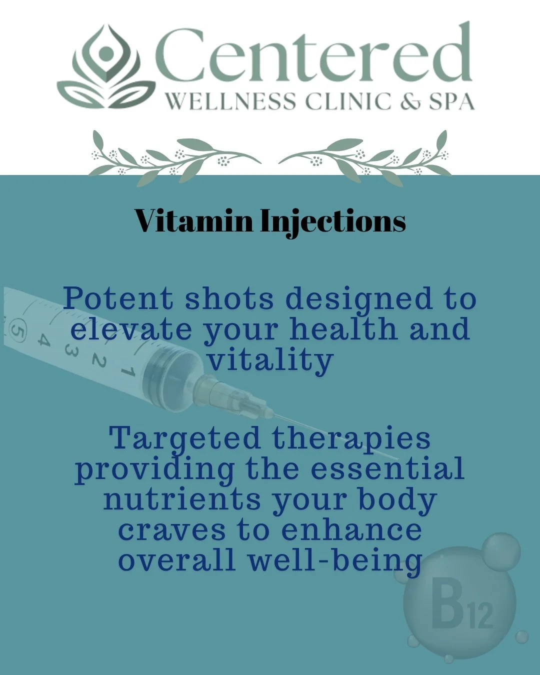 Vitamin [vahy-tuh-min] - noun;
Any of a group of organic substances ESSENTIAL in small quantities for normal growth and activity of the body.

#Centered #CenteredWellness #vitamin #injection #vitamininjection #organic #wellbeing #treatyoself #relaxyo