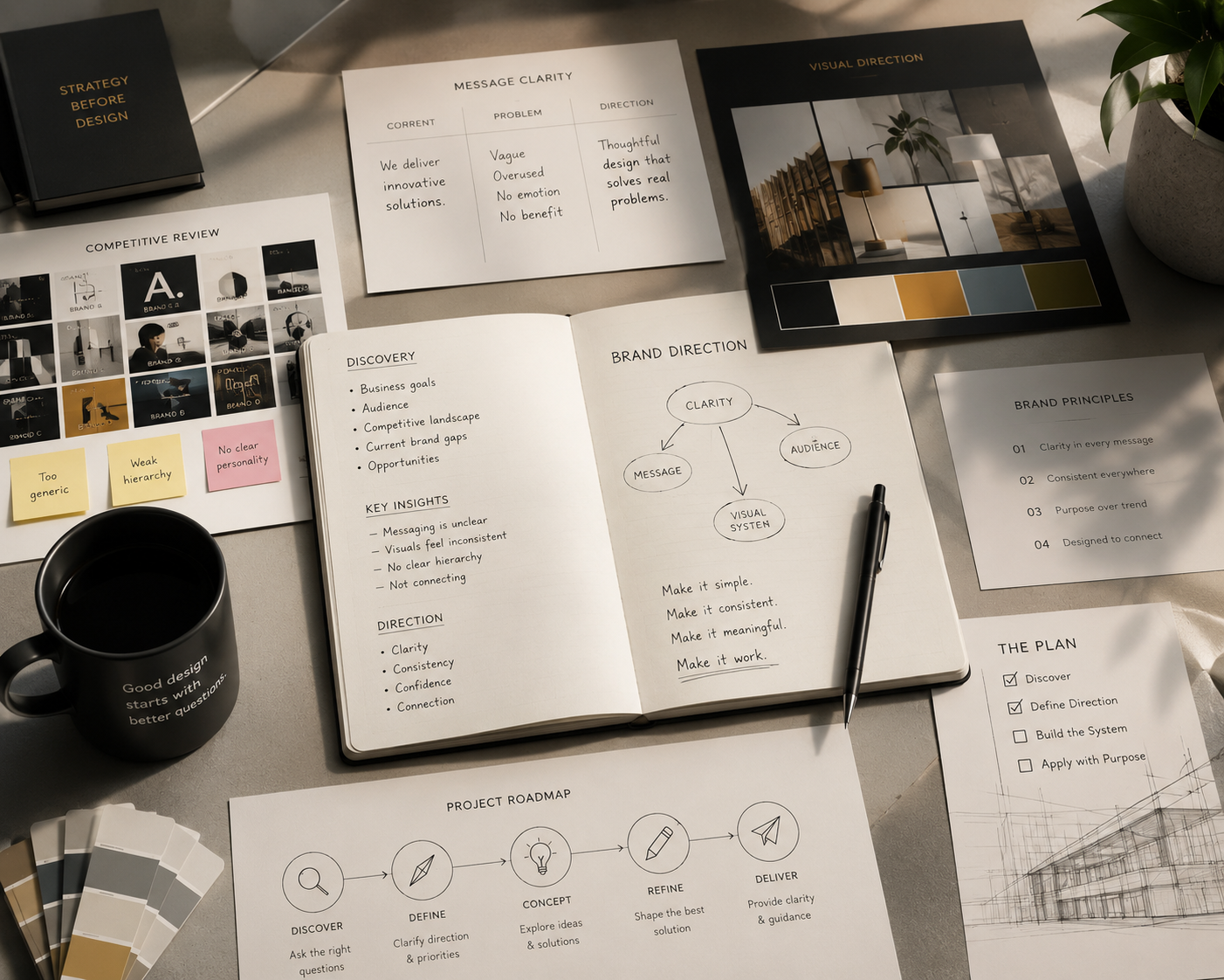 Brand strategy and design direction workspace showing discovery, competitive review, messaging analysis, visual direction, brand principles, and a project roadmap.